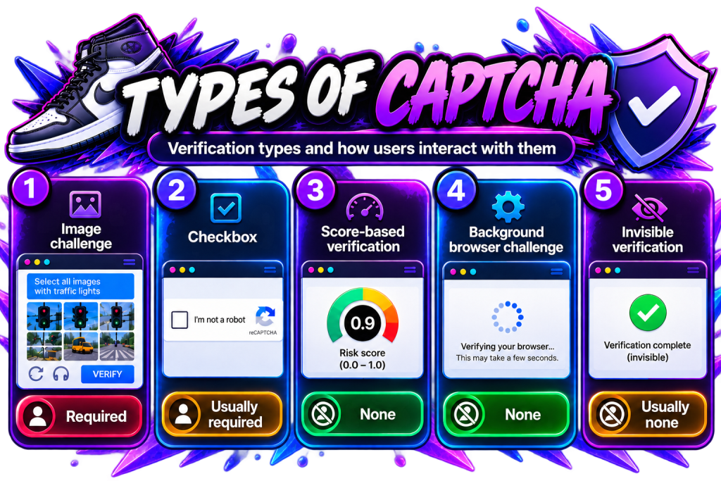 Types of CAPTCHA verification and required user interaction