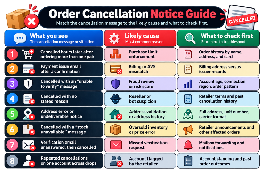 Order cancellation notice guide with common causes and troubleshooting checks